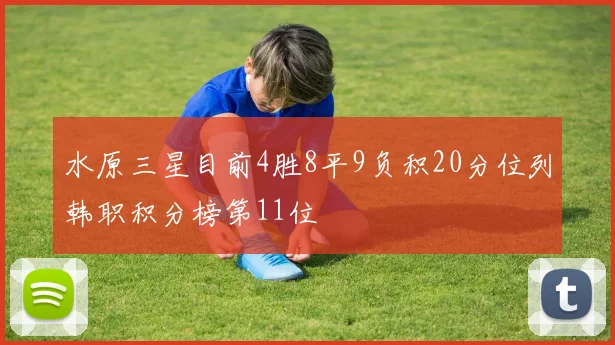 水原三星目前4胜8平9负积20分位列韩职积分榜第11位